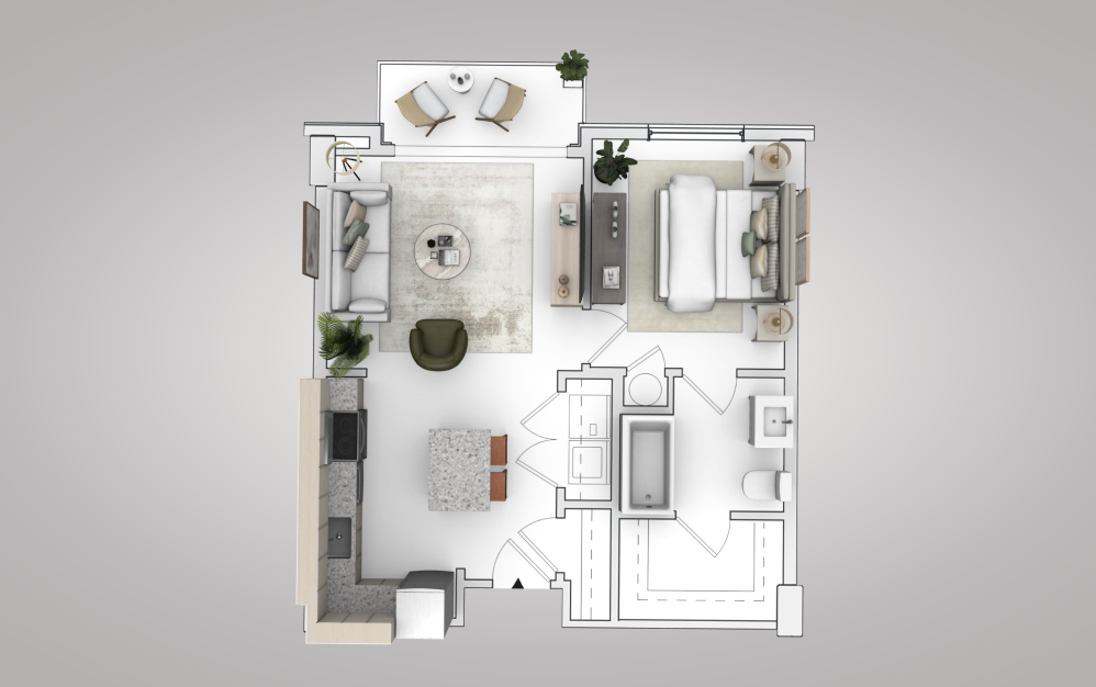 A1 - 1 bedroom floorplan layout with 1 bathroom and 675 square feet (View 3, 3D)