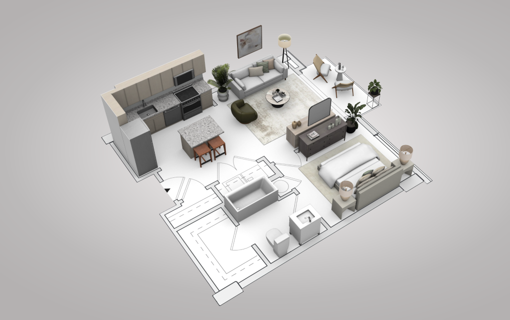 A1 - 1 bedroom floorplan layout with 1 bathroom and 675 square feet (View 1, 3D)