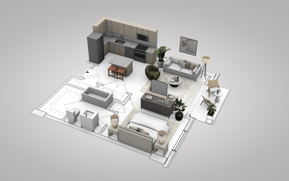 A1 - 1 bedroom floorplan layout with 1 bathroom and 675 square feet (View 2, 3D)