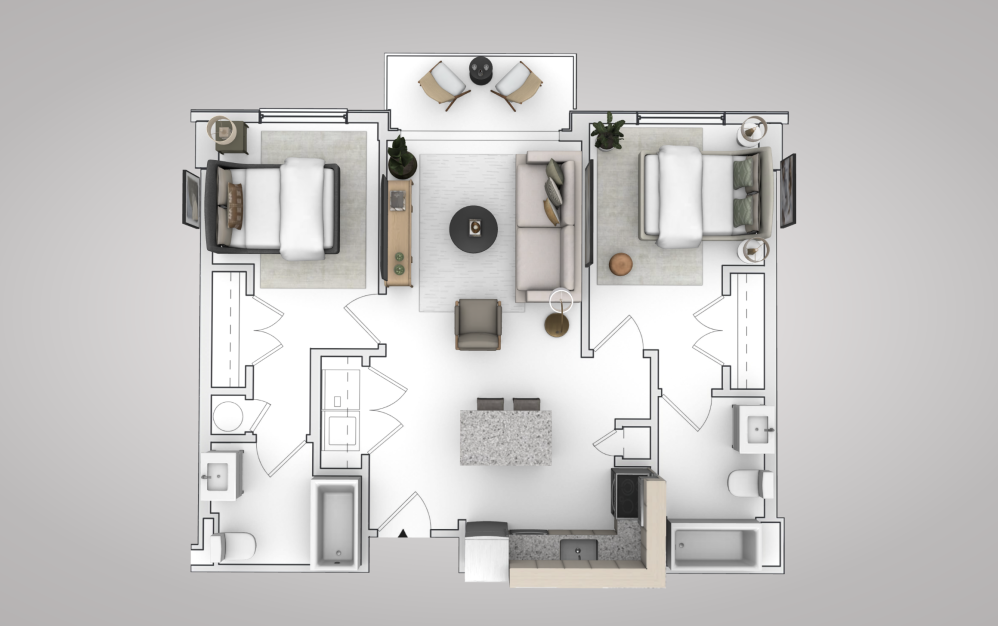 B1 - 2 bedroom floorplan layout with 2 bathrooms and 800 square feet (View 3, 3D)