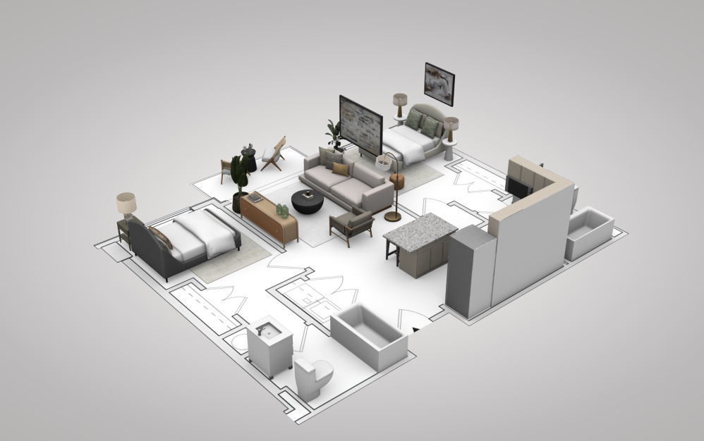 B1 - 2 bedroom floorplan layout with 2 bathrooms and 800 square feet (View 2
, 3D)