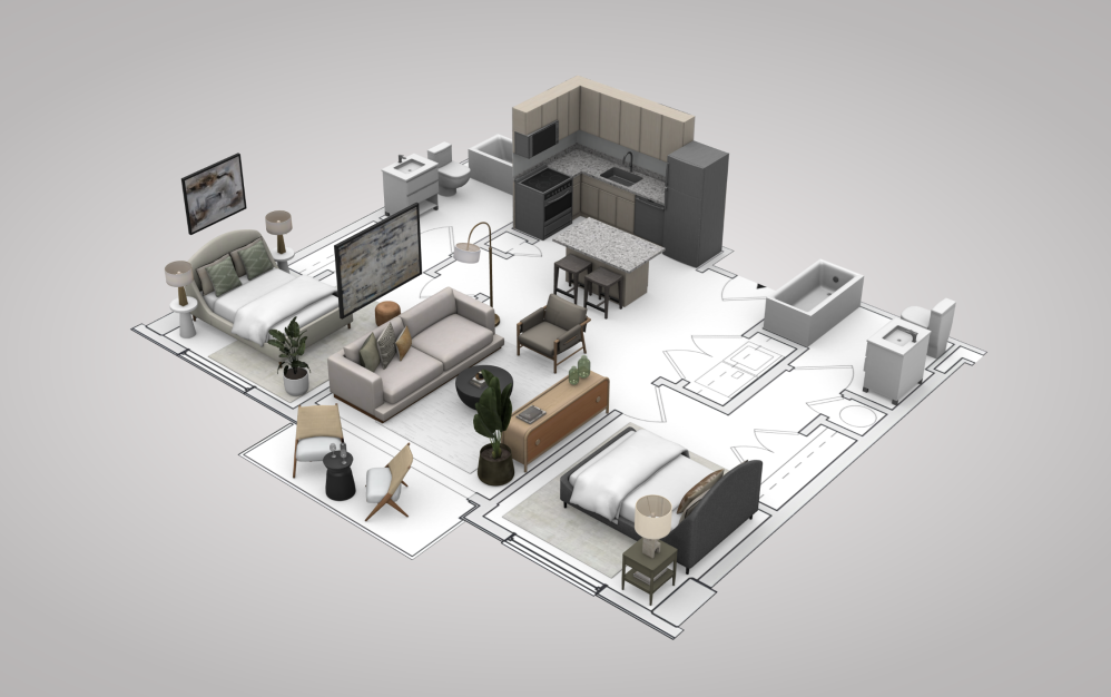 B1 - 2 bedroom floorplan layout with 2 bathrooms and 800 square feet (View 1
, 3D)