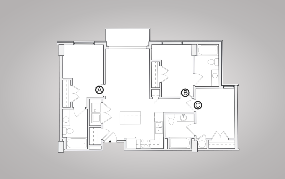 C1 - 3 bedroom floorplan layout with 3 bathrooms and 1000 square feet (2D)