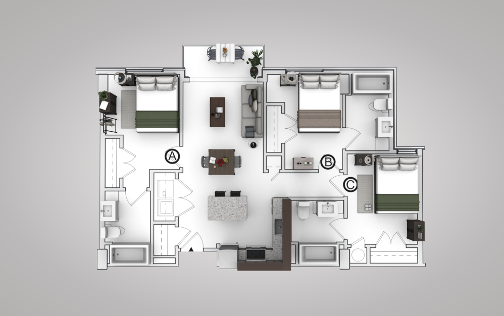 C1 - 3 bedroom floorplan layout with 3 bathrooms and 1000 square feet (View 4, 3D)
