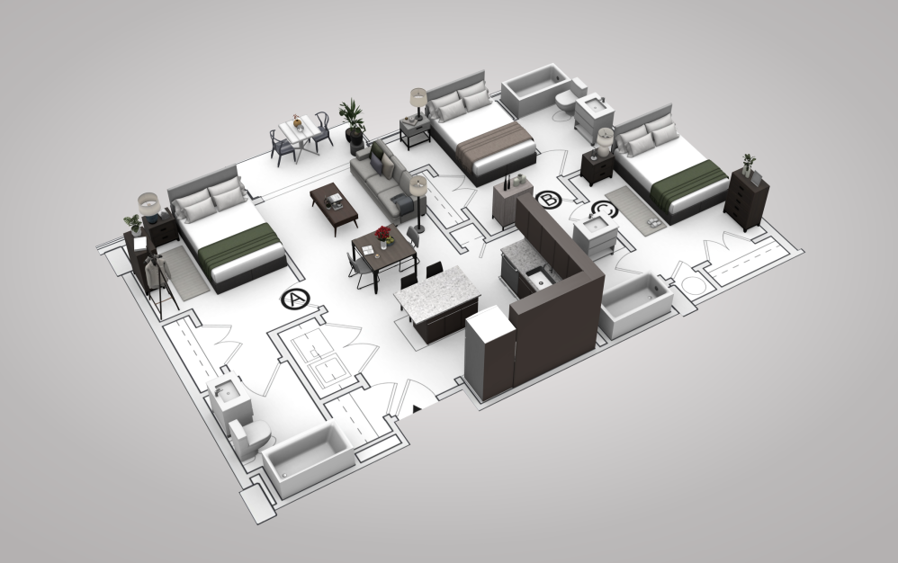 C1 - 3 bedroom floorplan layout with 3 bathrooms and 1000 square feet (View 1, 3D)