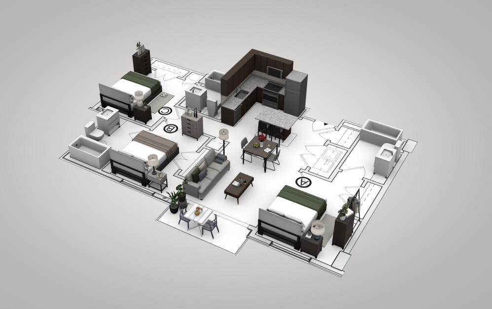 C1 - 3 bedroom floorplan layout with 3 bathrooms and 1000 square feet (View 2, 3D)