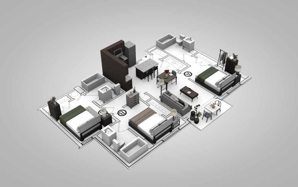 C1 - 3 bedroom floorplan layout with 3 bathrooms and 1000 square feet (View 3, 3D)