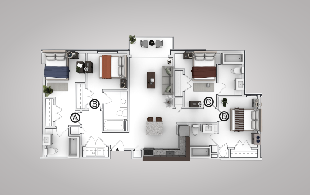 D1 - 4 bedroom floorplan layout with 4 bathrooms and 1200 square feet (View 3, 3D)