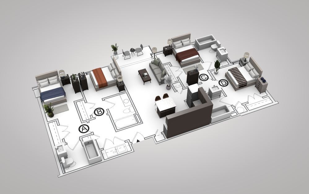 D1 - 4 bedroom floorplan layout with 4 bathrooms and 1200 square feet (View 1, 3D)