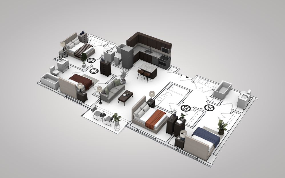 D1 - 4 bedroom floorplan layout with 4 bathrooms and 1200 square feet (View 2, 3D)