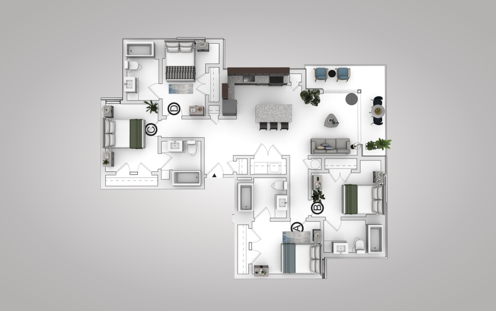 D2 - 4 bedroom floorplan layout with 4 bathrooms and 1250 square feet (View 4, 3D)