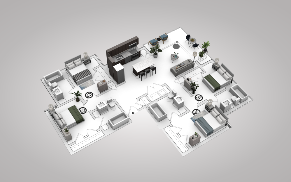 D2 - 4 bedroom floorplan layout with 4 bathrooms and 1250 square feet (View 1, 3D)