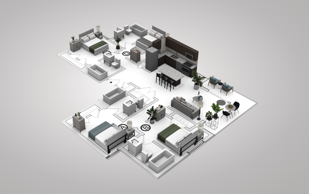 D2 - 4 bedroom floorplan layout with 4 bathrooms and 1250 square feet (View 2, 3D)