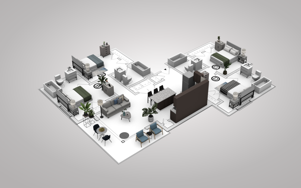 D2 - 4 bedroom floorplan layout with 4 bathrooms and 1250 square feet (View 3, 3D)