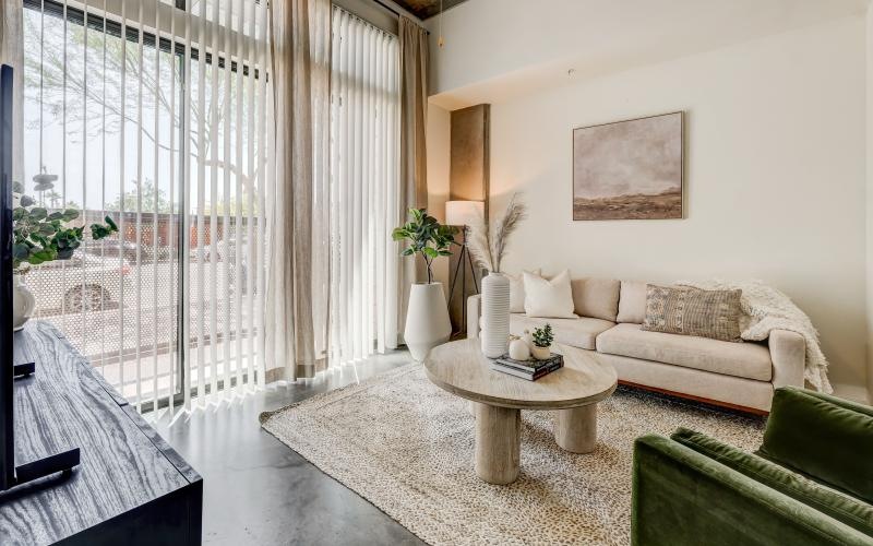 sun-filled living room with floor-to-ceiling windows