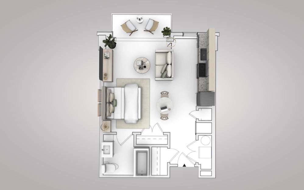 Studio - Studio floorplan layout with 1 bathroom and 500 square feet (View 3, 3D)