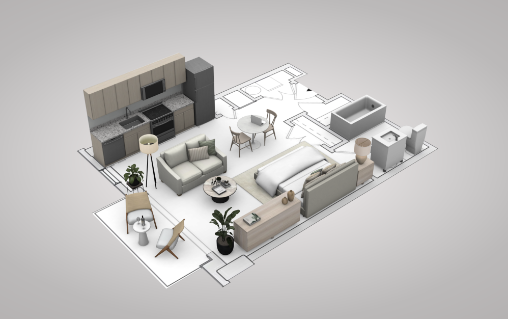 Studio - Studio floorplan layout with 1 bathroom and 500 square feet (View 2, 3D)