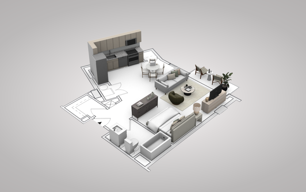 Studio Luxe - Studio floorplan layout with 1 bathroom and 575 square feet (View 1, 3D)